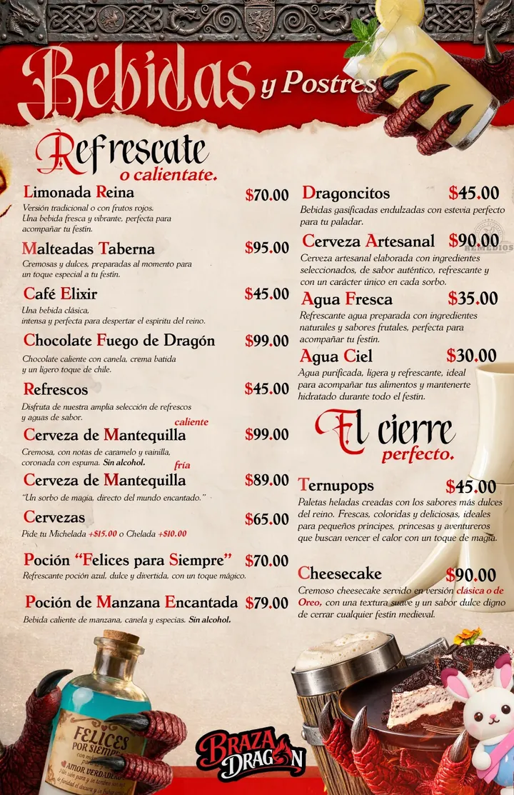 Menú de bebidas y postres Braza Dragón