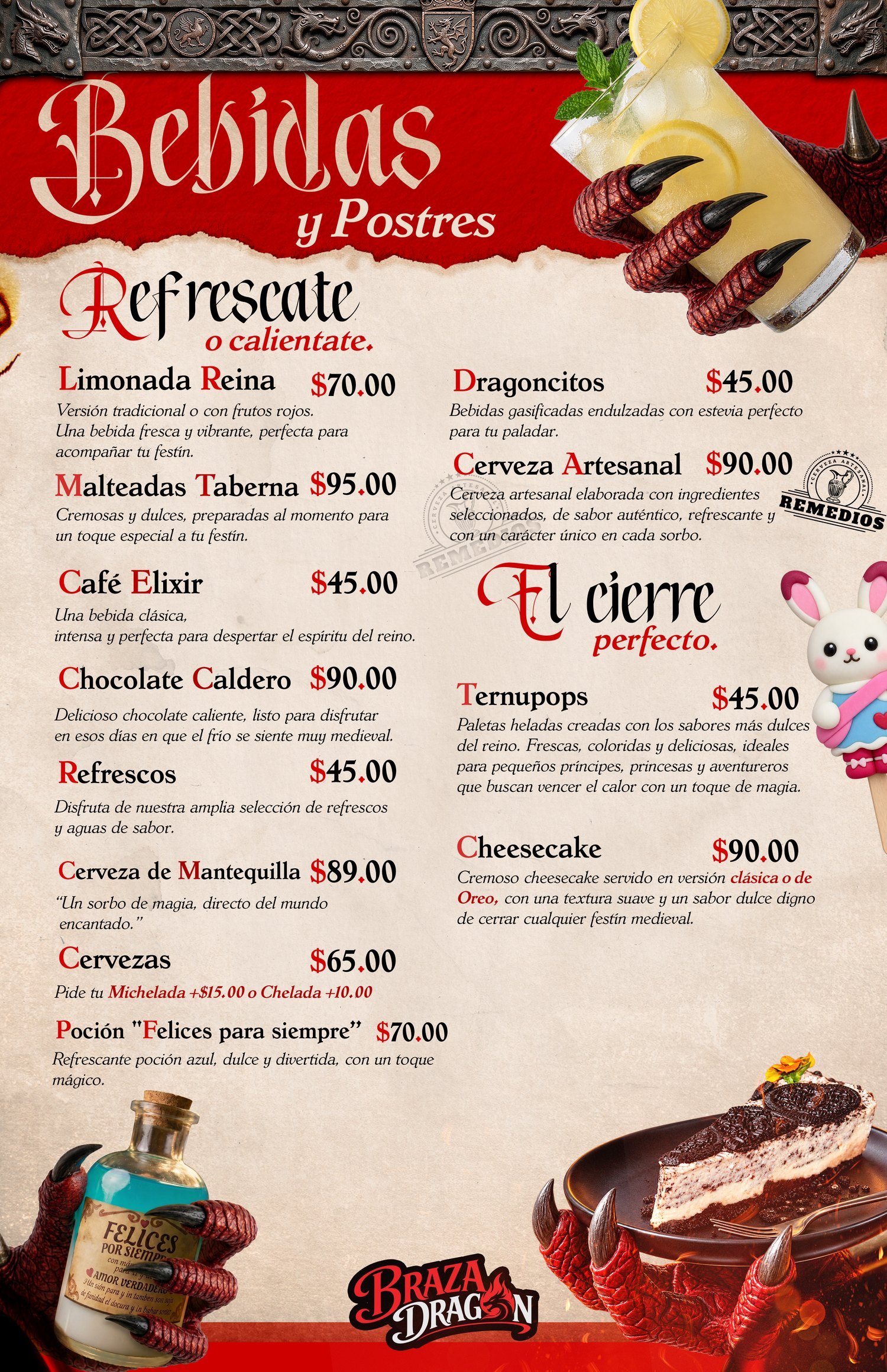 Menú de bebidas y postres Braza Dragón